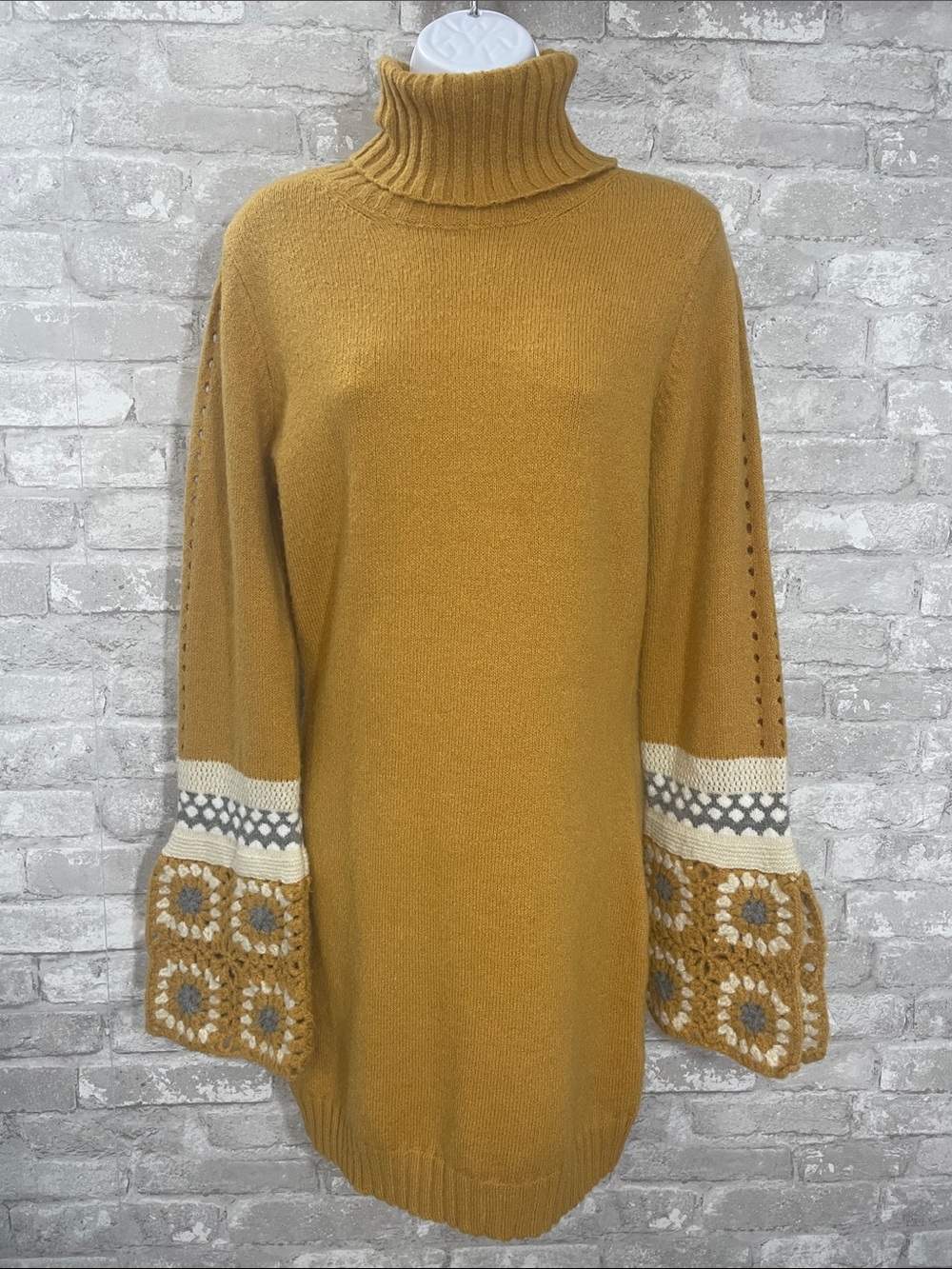 Lulus It's Groovy Mustard Yellow Multi Knit Turtleneck Sweater Dress